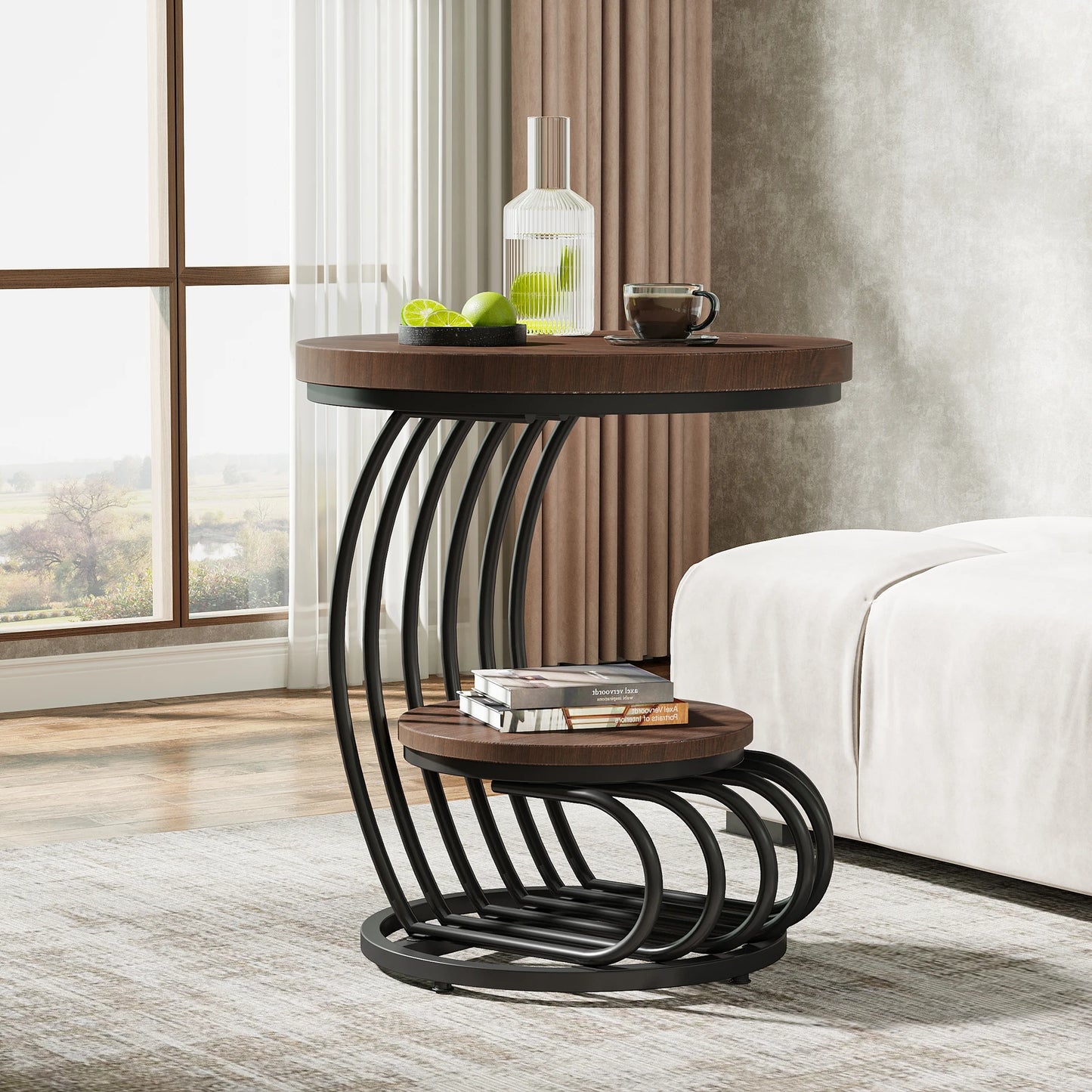✨ Modern Gold Round End Table – 2-Tier Faux Marble Side Table with Storage Shelf for Elegant Living Spaces 💫