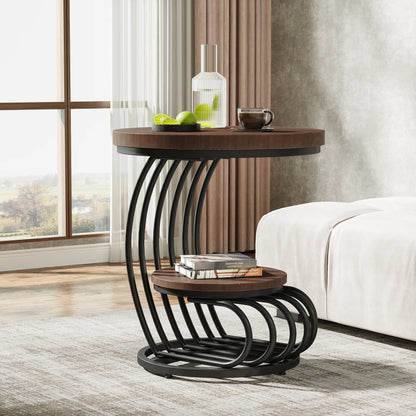 ✨ Modern Gold Round End Table – 2-Tier Faux Marble Side Table with Storage Shelf for Elegant Living Spaces 💫