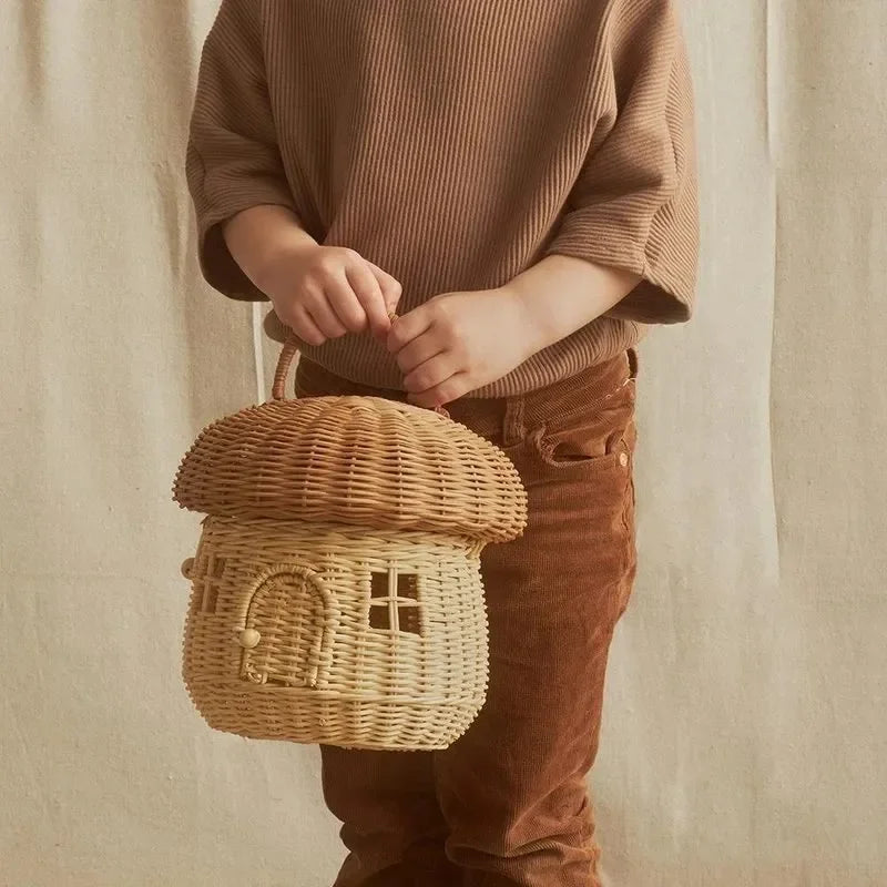 🍄 Handwoven Rattan Mushroom Basket – Adorable Wicker Storage Bag for Kids, Beach & Home Decor 🌿✨