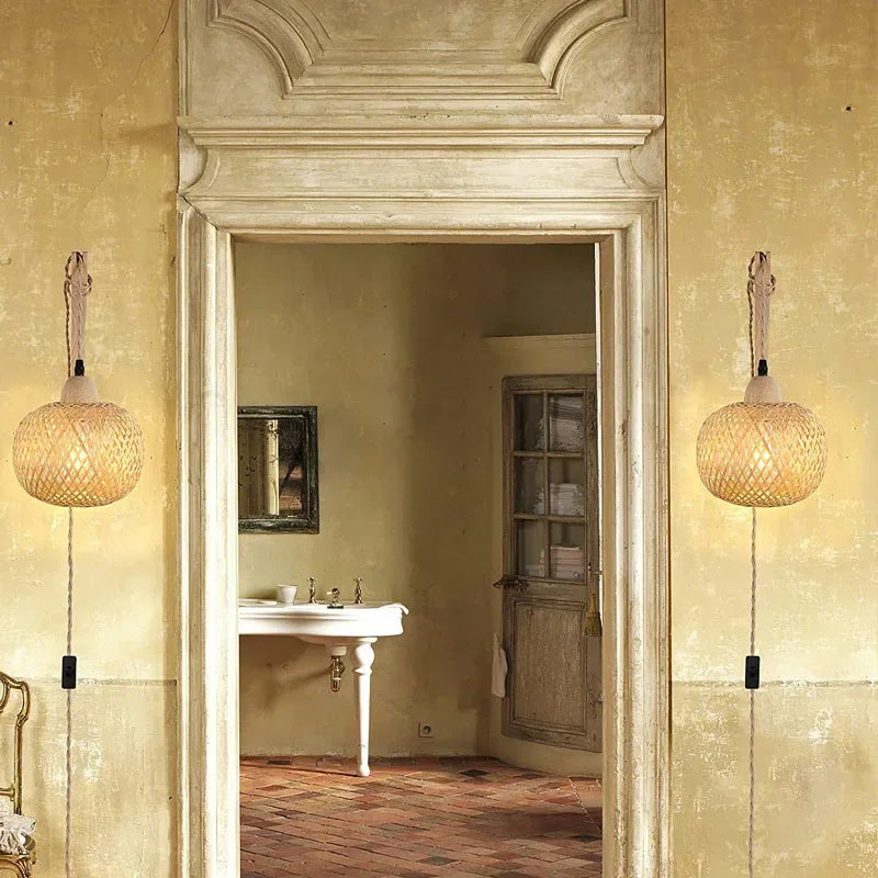 🌿 Handwoven Bamboo Wall Lamp – Natural Rattan Wicker Lantern Light for Bedroom & Living Spaces 🏮✨