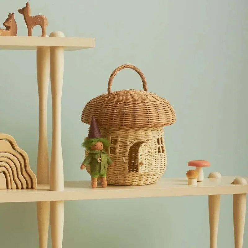 🍄 Handwoven Rattan Mushroom Basket – Adorable Wicker Storage Bag for Kids, Beach & Home Decor 🌿✨