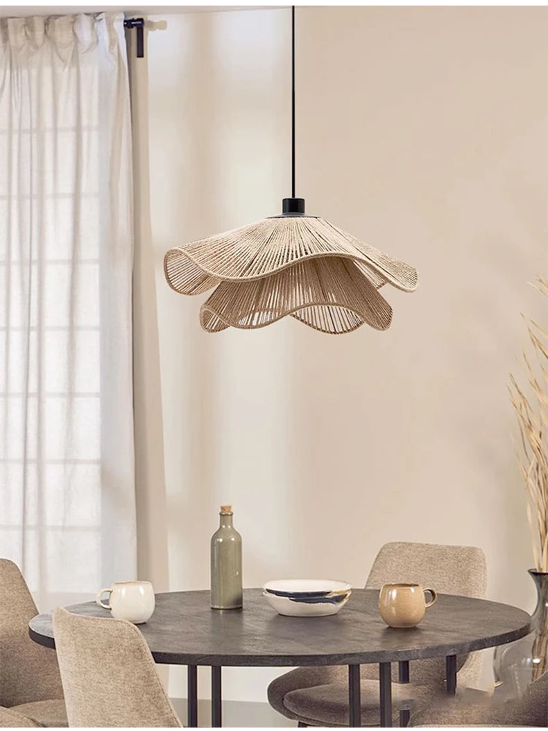 🌸 Wabi Sabi Rattan Flower Pendant Lamp – Minimalist Hemp Rope Ceiling Light for Bedroom, Dining & Café Decor ✨
