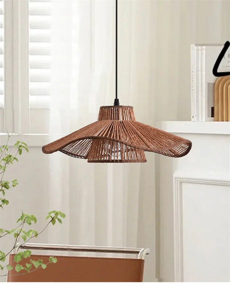 🌸 Wabi Sabi Rattan Flower Pendant Lamp – Minimalist Hemp Rope Ceiling Light for Bedroom, Dining & Café Decor ✨