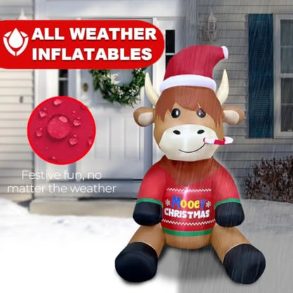 5ft Inflatable Highland Cow Christmas Decoration 🐮✨ | Built-In LED Lights, Adorable Santa Sweater, Perfect Yard & Lawn Display 🎅🎁