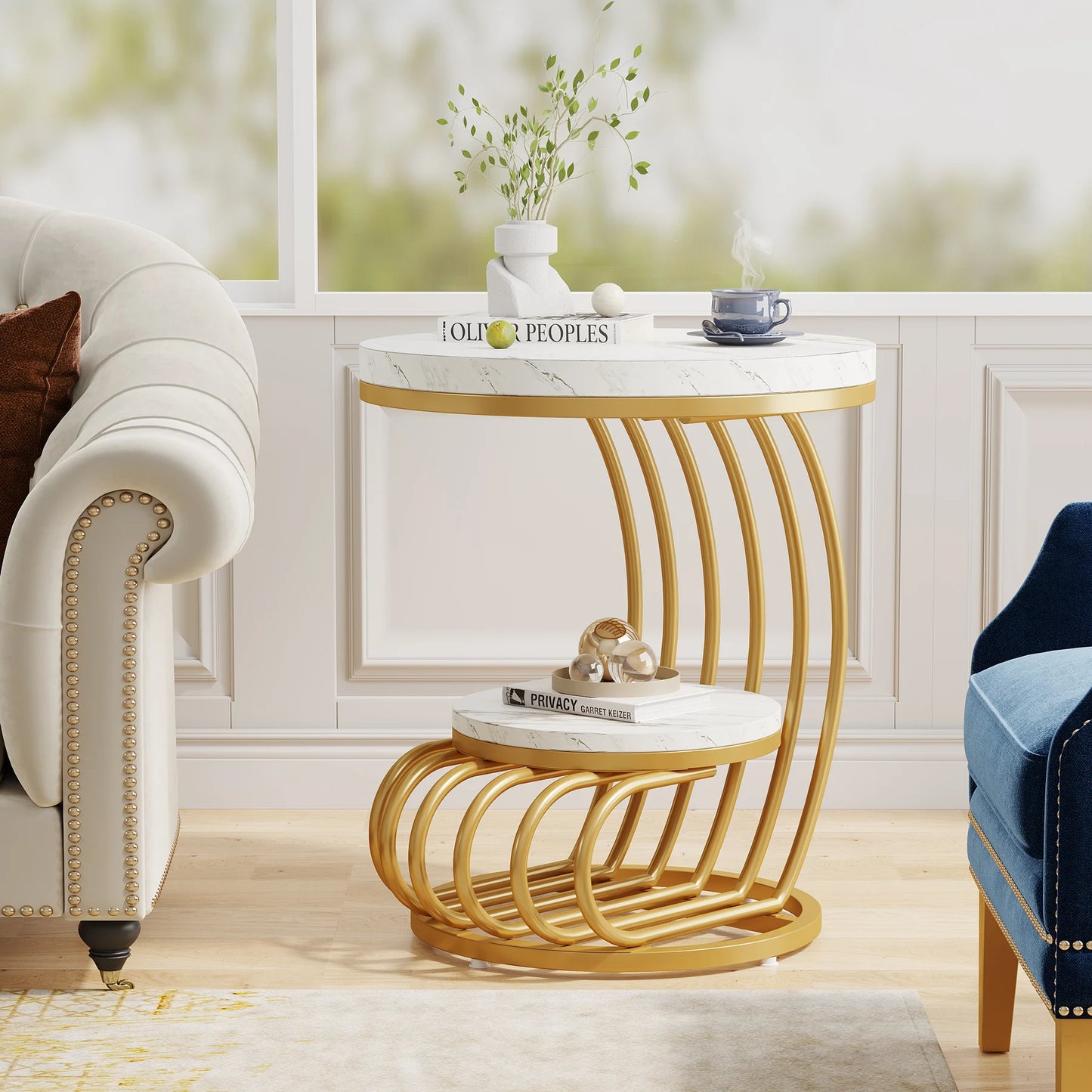 ✨ Modern Gold Round End Table – 2-Tier Faux Marble Side Table with Storage Shelf for Elegant Living Spaces 💫