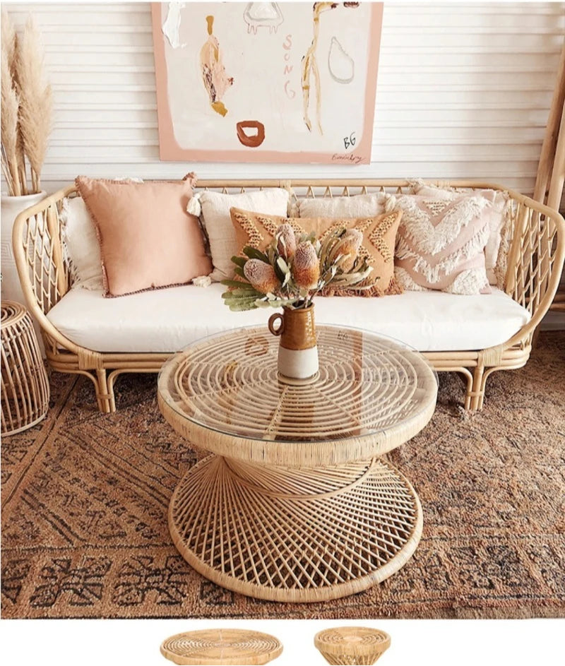Handwoven Rattan Hourglass Coffee Table – Boho Chic Round Center Table for Living Room & Bedroom ☕🌾