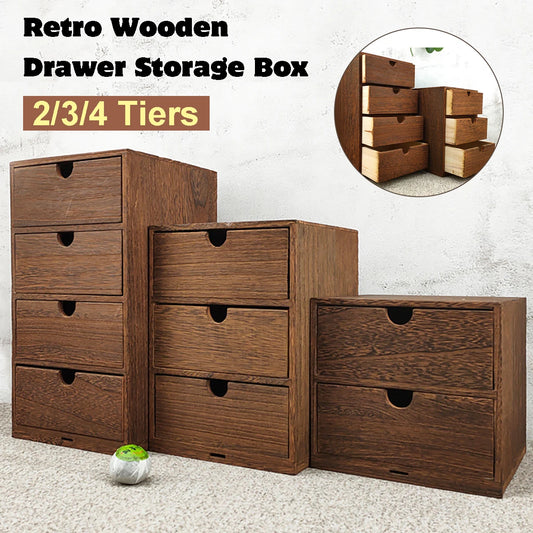 Retro Wooden Drawer Organizer – Small Desktop Multi-Tier Storage Cabinet