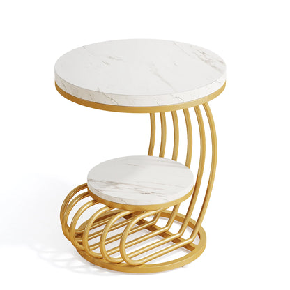 ✨ Modern Gold Round End Table – 2-Tier Faux Marble Side Table with Storage Shelf for Elegant Living Spaces 💫