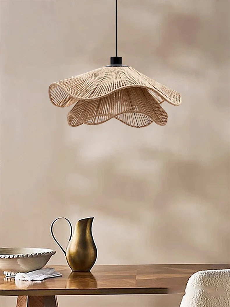 🌸 Wabi Sabi Rattan Flower Pendant Lamp – Minimalist Hemp Rope Ceiling Light for Bedroom, Dining & Café Decor ✨