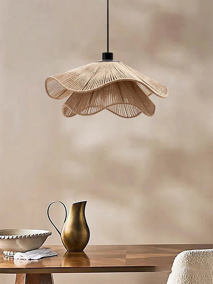 🌸 Wabi Sabi Rattan Flower Pendant Lamp – Minimalist Hemp Rope Ceiling Light for Bedroom, Dining & Café Decor ✨