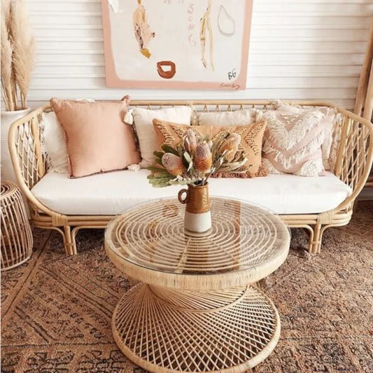 Handwoven Rattan Hourglass Coffee Table – Boho Chic Round Center Table for Living Room & Bedroom ☕🌾