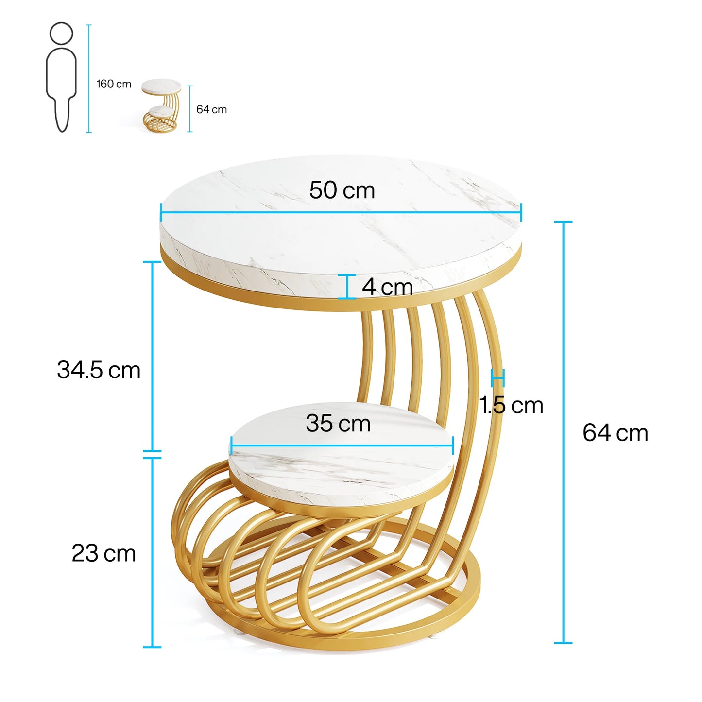 ✨ Modern Gold Round End Table – 2-Tier Faux Marble Side Table with Storage Shelf for Elegant Living Spaces 💫