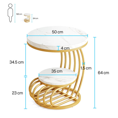 ✨ Modern Gold Round End Table – 2-Tier Faux Marble Side Table with Storage Shelf for Elegant Living Spaces 💫