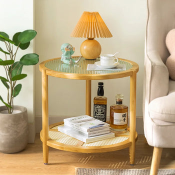 Round Glass & Rattan Coffee Table – Boho Chic Side Table for Living Room or Bedroom 🌿☕