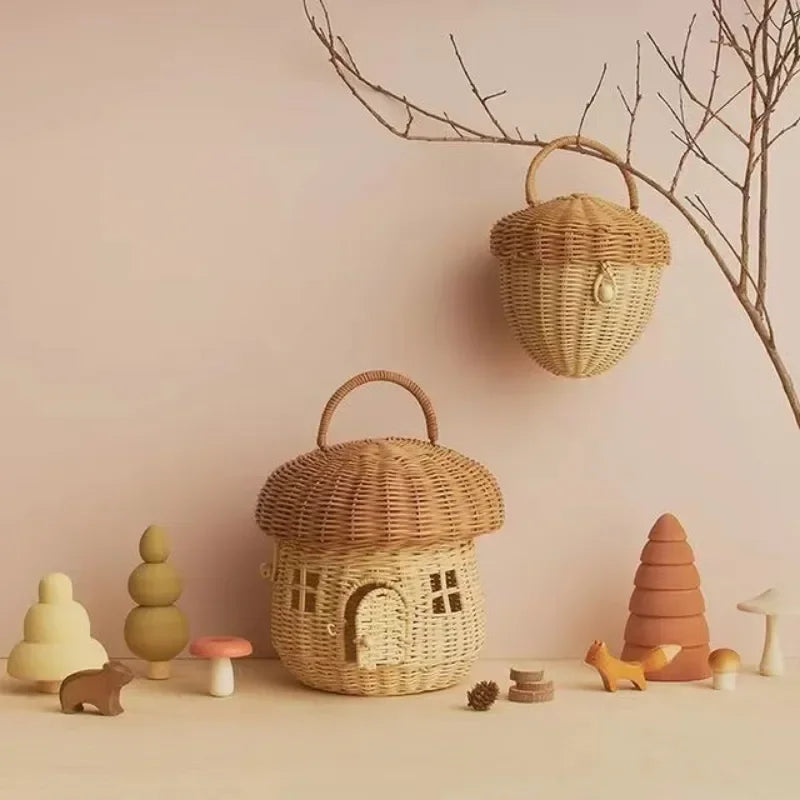 🍄 Handwoven Rattan Mushroom Basket – Adorable Wicker Storage Bag for Kids, Beach & Home Decor 🌿✨