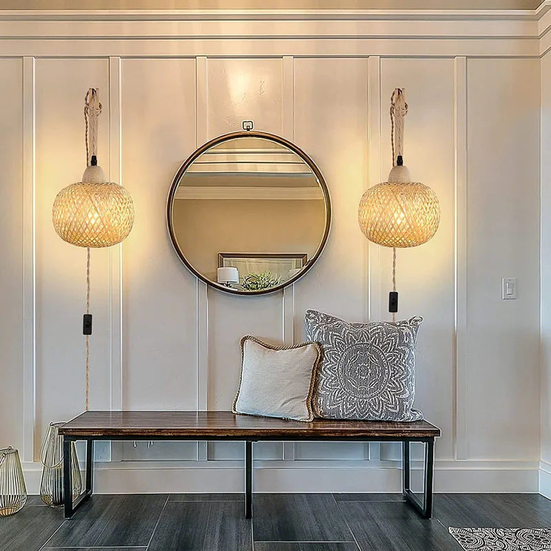 🌿 Handwoven Bamboo Lantern Wall Lamp – Natural Rattan Wicker Light for Bedroom, Living Room & Hallway ✨