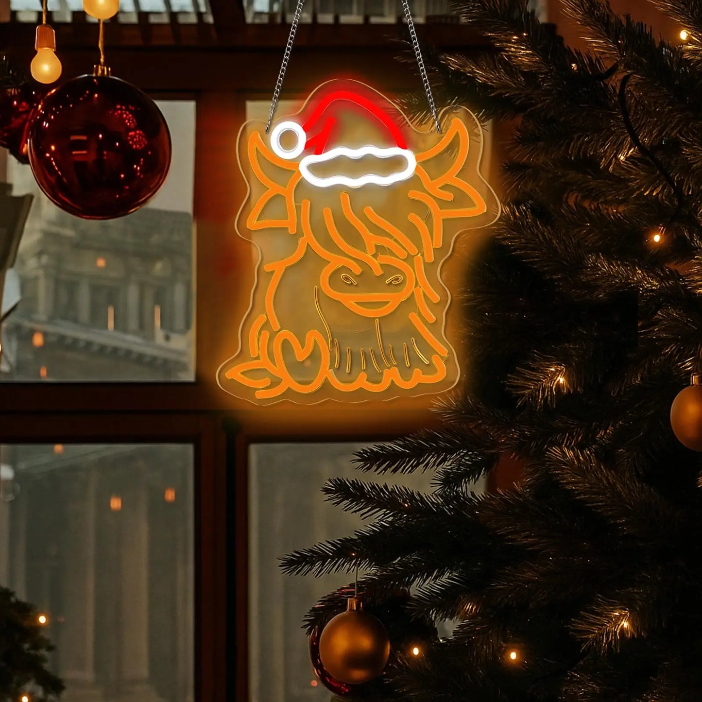 Highland Cow Neon LED Light 🐮✨ | Cute Christmas Wall Decor with Santa Hat 🎄 Perfect for Bedroom, Living Room & Holiday Gifts 💖