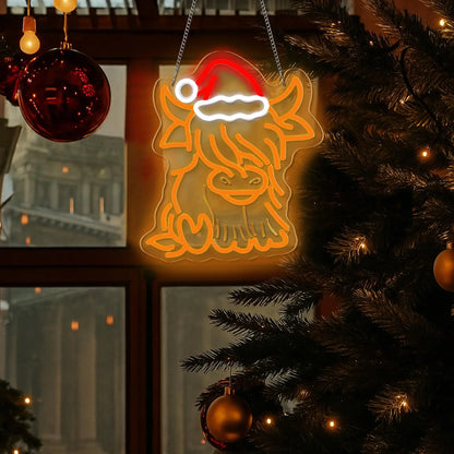 Highland Cow Neon LED Light 🐮✨ | Cute Christmas Wall Decor with Santa Hat 🎄 Perfect for Bedroom, Living Room & Holiday Gifts 💖