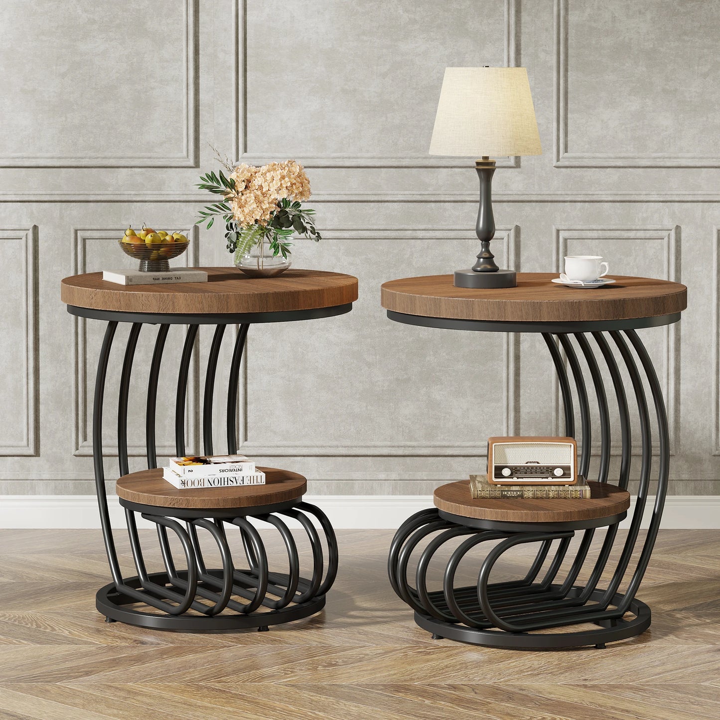 ✨ Modern Gold Round End Table – 2-Tier Faux Marble Side Table with Storage Shelf for Elegant Living Spaces 💫