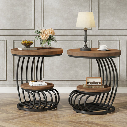 ✨ Modern Gold Round End Table – 2-Tier Faux Marble Side Table with Storage Shelf for Elegant Living Spaces 💫