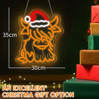 Highland Cow Neon LED Light 🐮✨ | Cute Christmas Wall Decor with Santa Hat 🎄 Perfect for Bedroom, Living Room & Holiday Gifts 💖