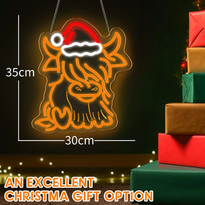 Highland Cow Neon LED Light 🐮✨ | Cute Christmas Wall Decor with Santa Hat 🎄 Perfect for Bedroom, Living Room & Holiday Gifts 💖