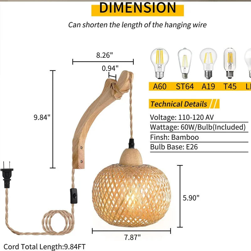 🌿 Handwoven Bamboo Wall Lamp – Natural Rattan Wicker Lantern Light for Bedroom & Living Spaces 🏮✨