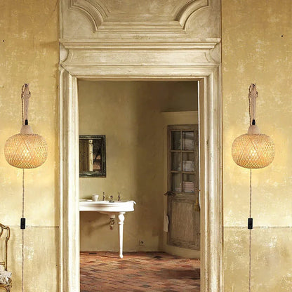 🌿 Handwoven Bamboo Lantern Wall Lamp – Natural Rattan Wicker Light for Bedroom, Living Room & Hallway ✨