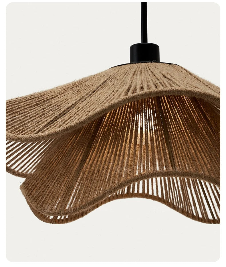 🌸 Wabi Sabi Rattan Flower Pendant Lamp – Minimalist Hemp Rope Ceiling Light for Bedroom, Dining & Café Decor ✨