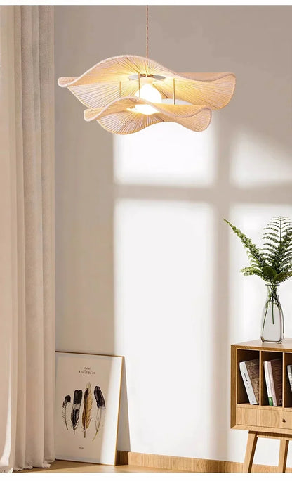 🌸 Wabi Sabi Rattan Flower Pendant Lamp – Minimalist Hemp Rope Ceiling Light for Bedroom, Dining & Café Decor ✨