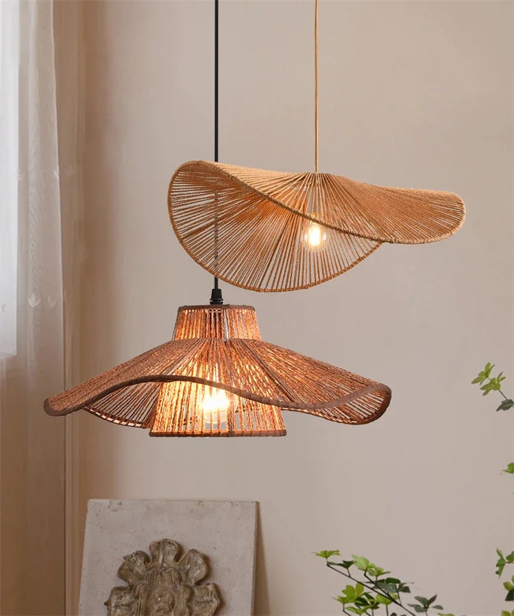 🌸 Wabi Sabi Rattan Flower Pendant Lamp – Minimalist Hemp Rope Ceiling Light for Bedroom, Dining & Café Decor ✨