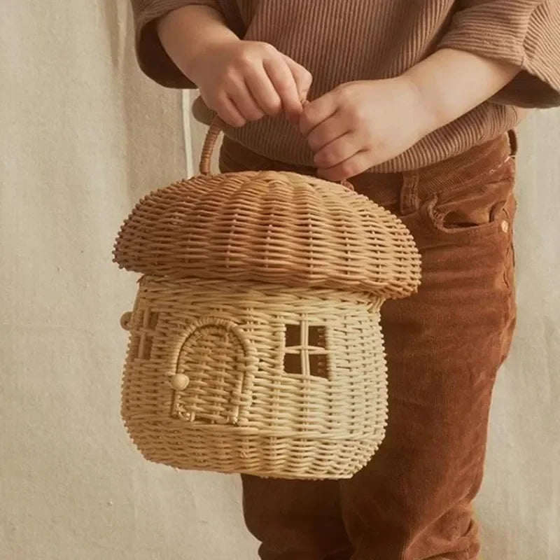 🍄 Handwoven Rattan Mushroom Basket – Adorable Wicker Storage Bag for Kids, Beach & Home Decor 🌿✨
