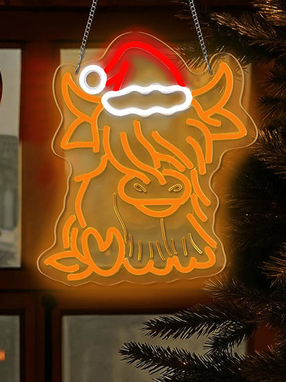Highland Cow Neon LED Light 🐮✨ | Cute Christmas Wall Decor with Santa Hat 🎄 Perfect for Bedroom, Living Room & Holiday Gifts 💖