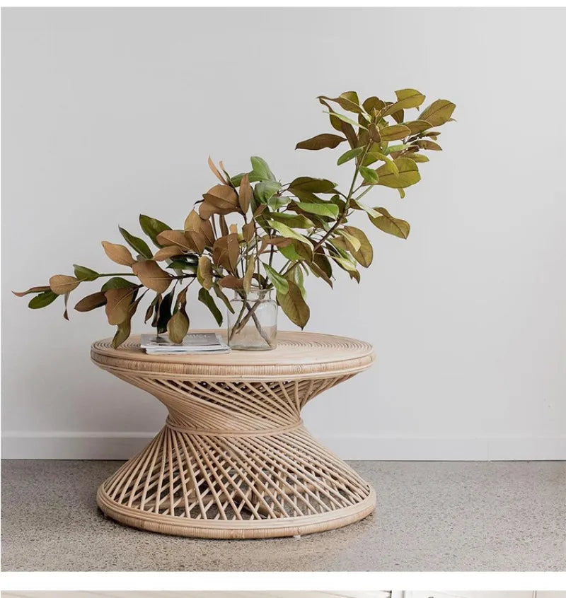 Handwoven Rattan Hourglass Coffee Table – Boho Chic Round Center Table for Living Room & Bedroom ☕🌾