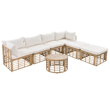☀️ Malibu Bliss Rattan Lounge Set — Modular 6-Seater Outdoor Sofa with Cream Cushions & Coastal Sand Finish 🏝️