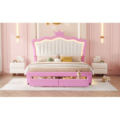 Full-Size Princess Upholstered Bed with LED Lights | Modern Pink & White Bed Frame with Crown Headboard & Drawers ✨