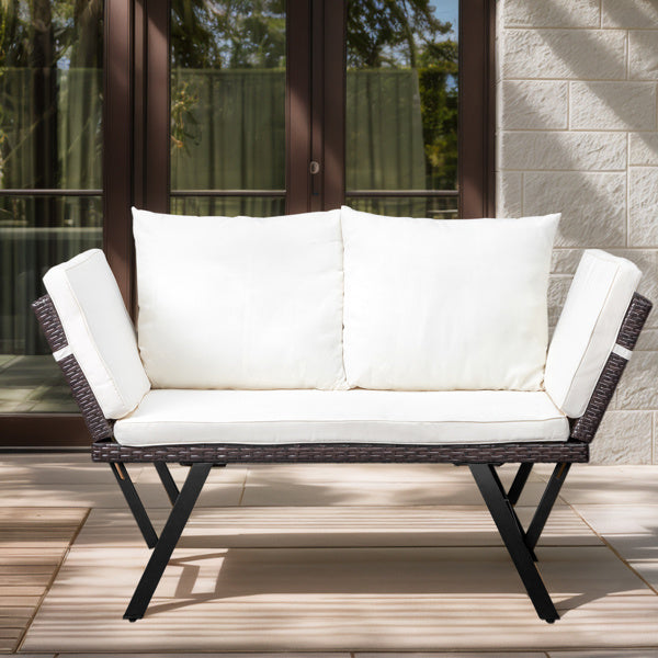 ✨ Stretchable Rattan Bench with Beige Cushions | Modern Outdoor Patio & Balcony Seating ☀️