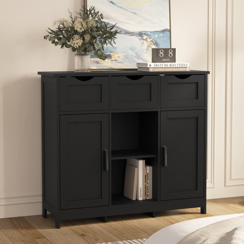 Matte Black Wooden Storage Cabinet with Drawers & Shelves – Modern Accent Sideboard for Living Room & Entryway