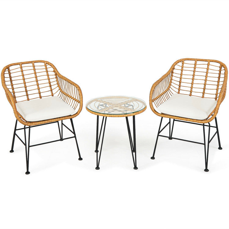 ☀️ Golden Hour Rattan Bistro Set — 3-Piece Handwoven Outdoor Lounge with Cream Cushions & Glass-Top Table ☕🌿