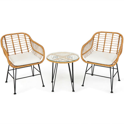 ☀️ Golden Hour Rattan Bistro Set — 3-Piece Handwoven Outdoor Lounge with Cream Cushions & Glass-Top Table ☕🌿