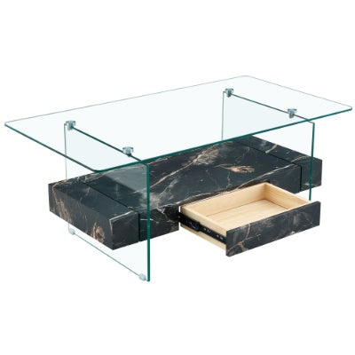 43.3 Inch Modern Glass & Black Marble Coffee Table – Two-Tier Living Room Center Table with Storage ✨