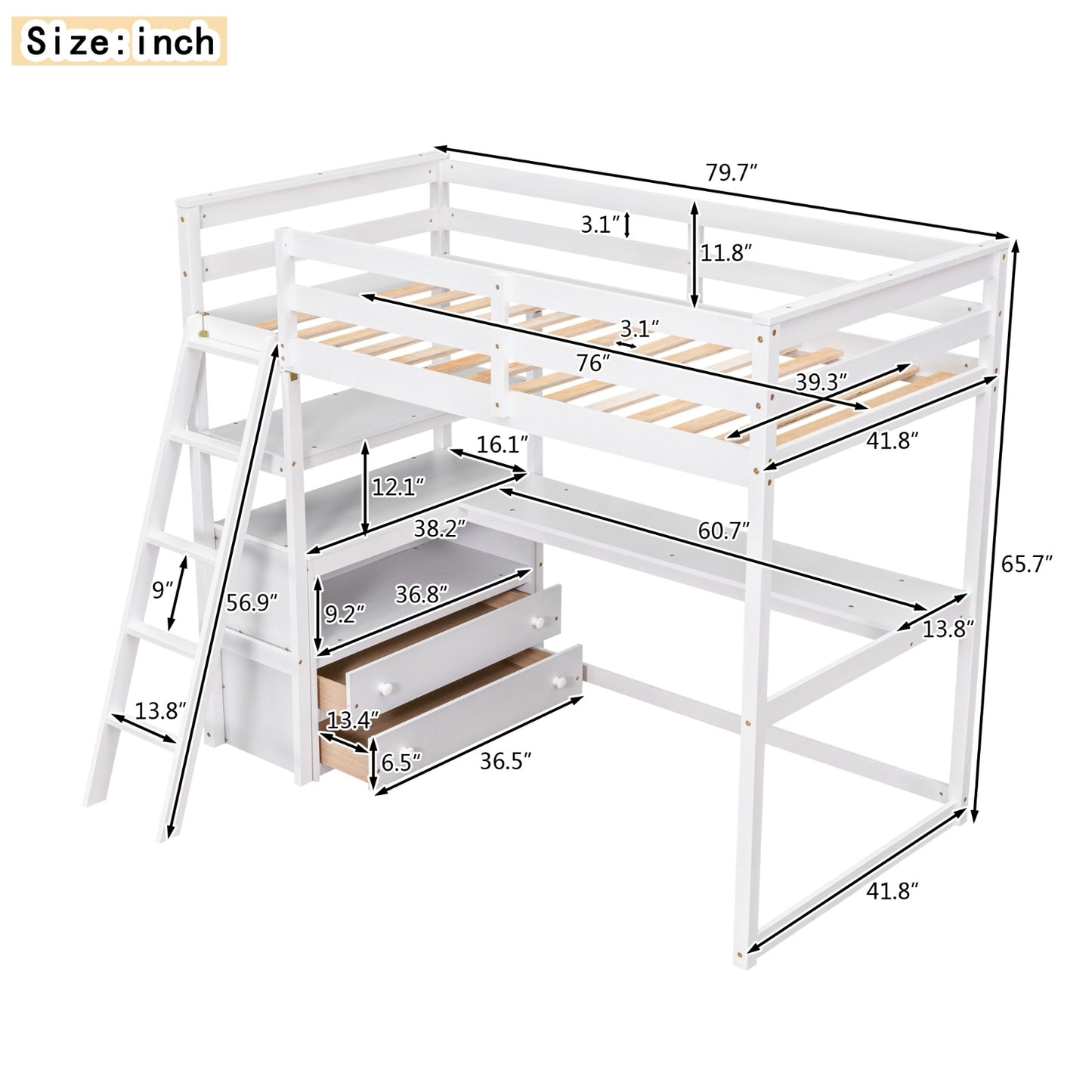 ✨ Twin Loft Bed with Desk, Shelves & 2 Drawers | Space-Saving Study Bed for Kids & Teens – White ️