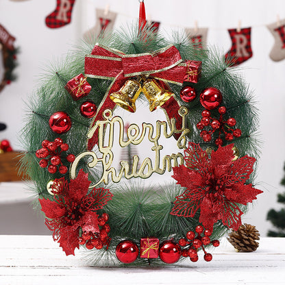 Elegant “Merry Christmas” Door Wreath – Festive Golden Bow & Pine Ornament Decoration ✨