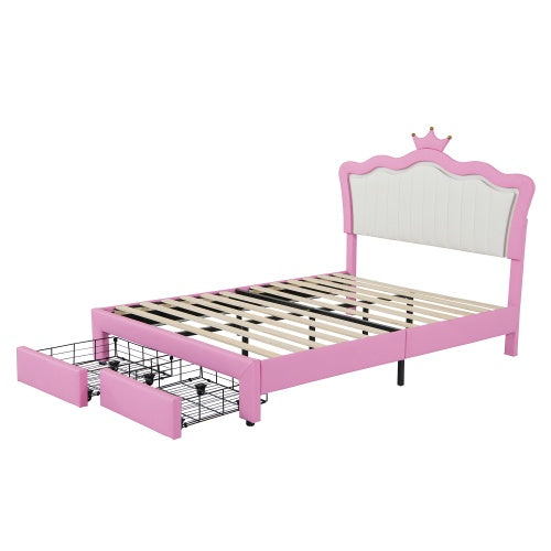 Full-Size Princess Upholstered Bed with LED Lights | Modern Pink & White Bed Frame with Crown Headboard & Drawers ✨