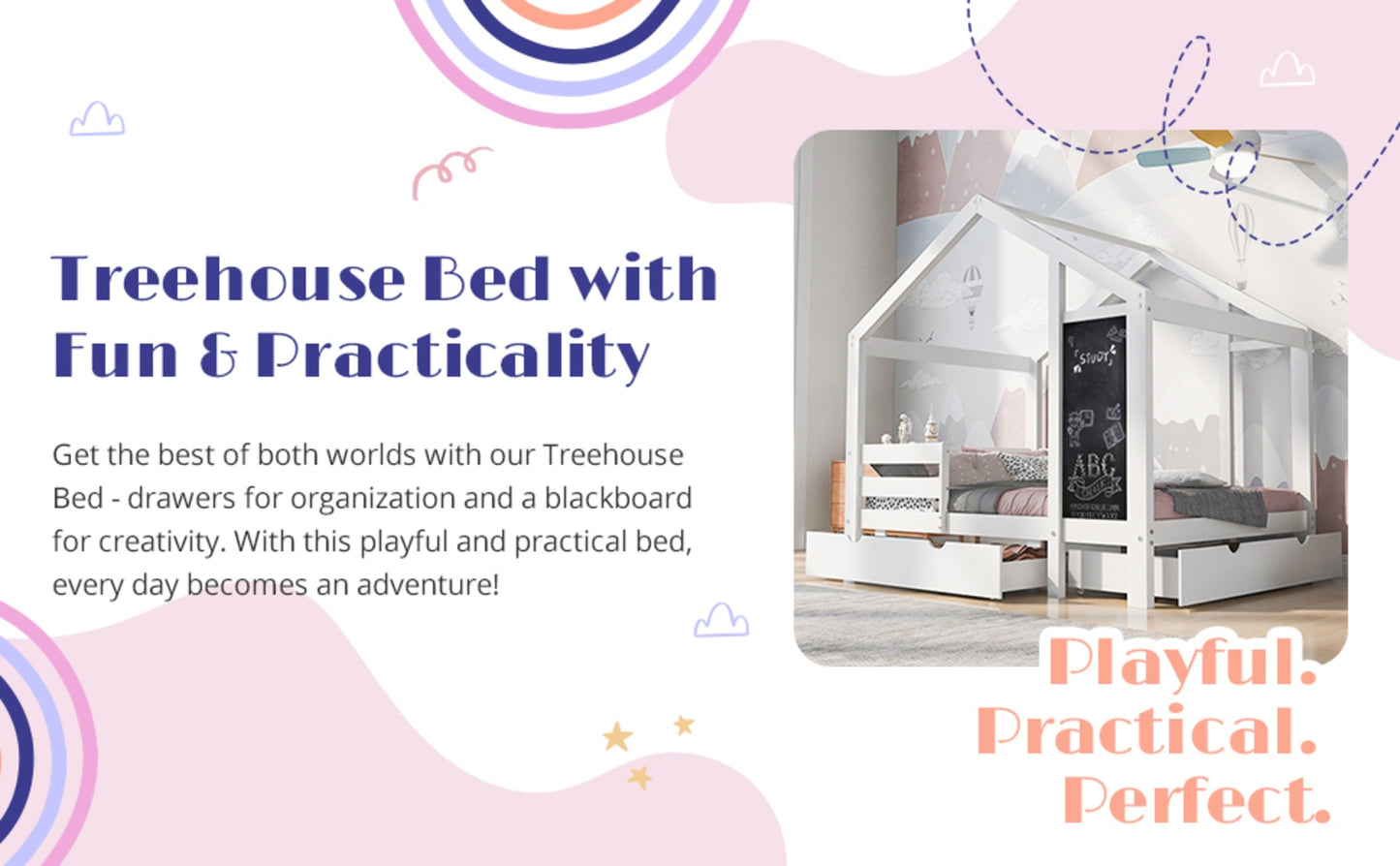 ✨ Twin House Bed with Blackboard & Drawers | Creative Montessori Kids Bed with Storage – White