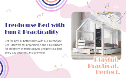 ✨ Twin House Bed with Blackboard & Drawers | Creative Montessori Kids Bed with Storage – White