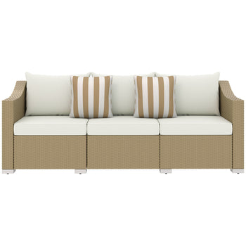 🏝️ Sandstone Serenity Rattan Sofa — 3-Seater Handwoven Lounge with Cream Cushions & Natural Frame | Coastal Calm & Modern Comfort ☀️✨