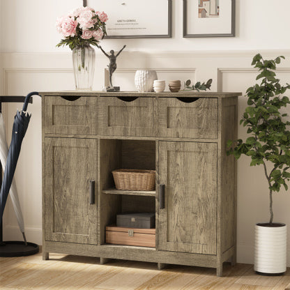 Rustic Gray Wooden Storage Cabinet with Drawers & Open Shelves – Farmhouse Accent Cabinet for Living Room & Entryway