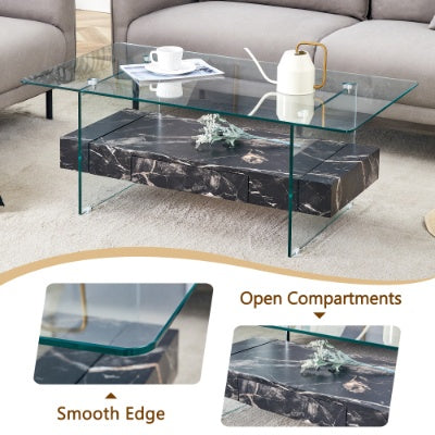 43.3 Inch Modern Glass & Black Marble Coffee Table – Two-Tier Living Room Center Table with Storage ✨
