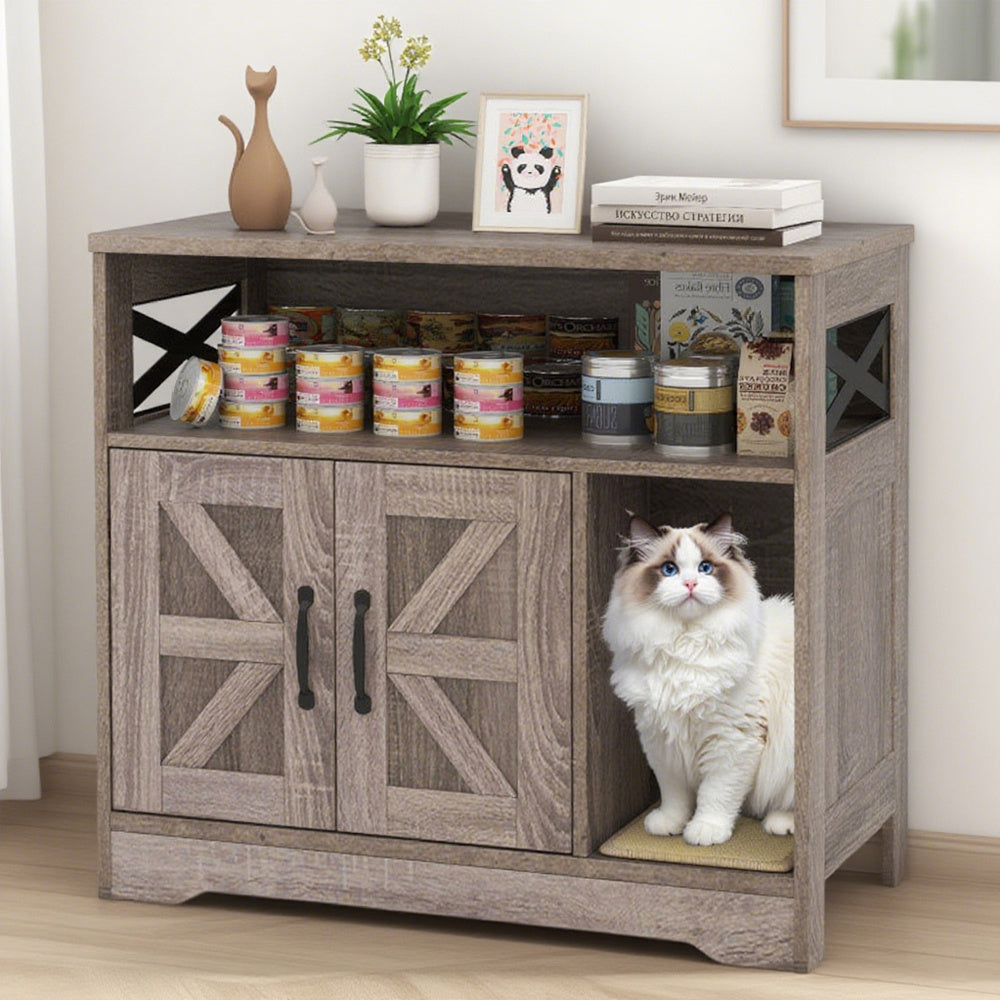 Hidden Cat Litter Box Cabinet with Storage – Rustic Gray Furniture for Cat Owners ✨